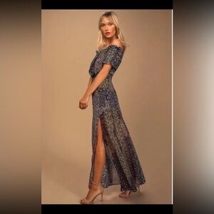 Lulus Navy Blue Floral Print Off-the-Shoulder Maxi Dress Patchwork size M